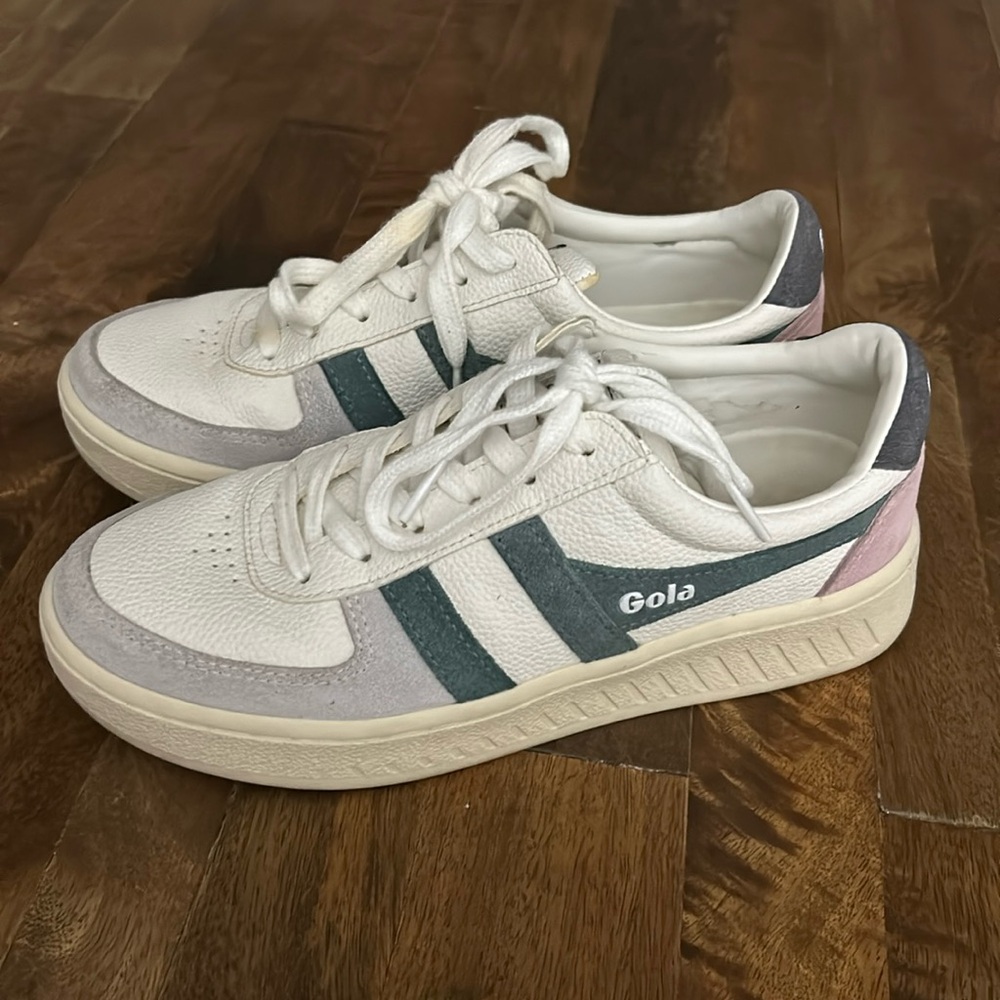 Gola White Sneakers with Teal Stripes and Pink Heel Accent